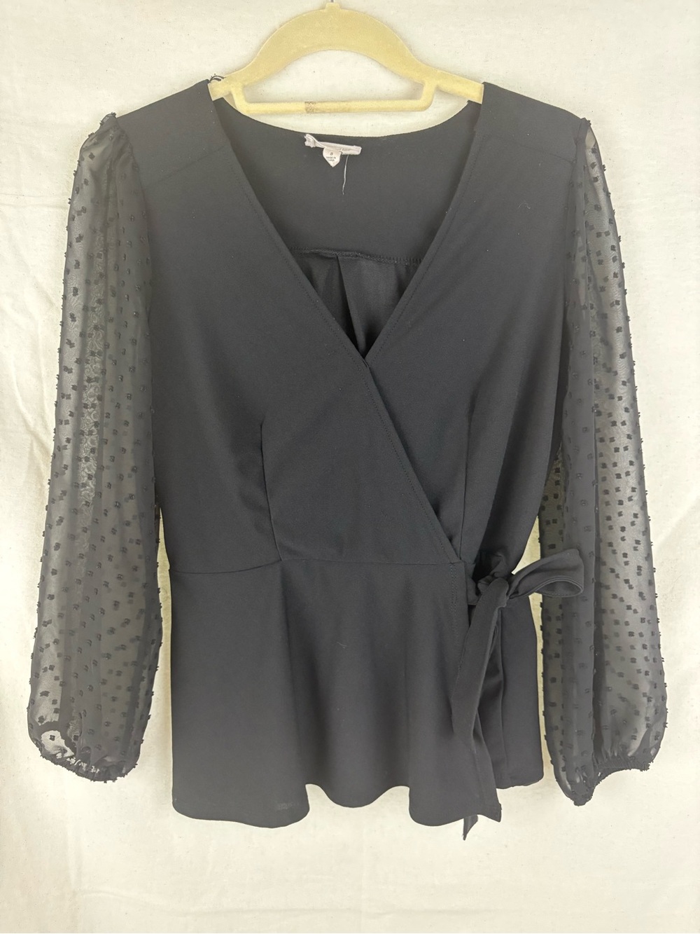 Meraki Black Wrap Blouse with Sheer Dotted Sleeves Peplum Whimsigoth - S
